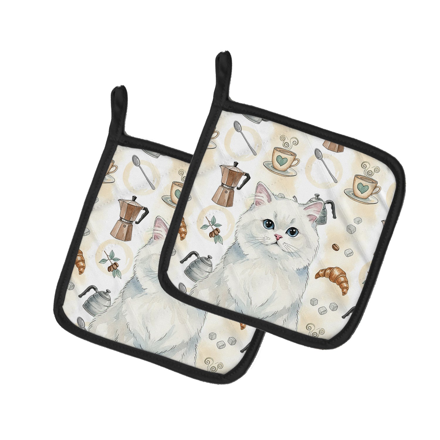 Persian White Cat Coffee Time Pot Holder Set of 2 Heat Resistant Quilted Hot Pads 7.5 x 7.5 Inch, Insulated Kitchen Trivets for Cooking & Baking