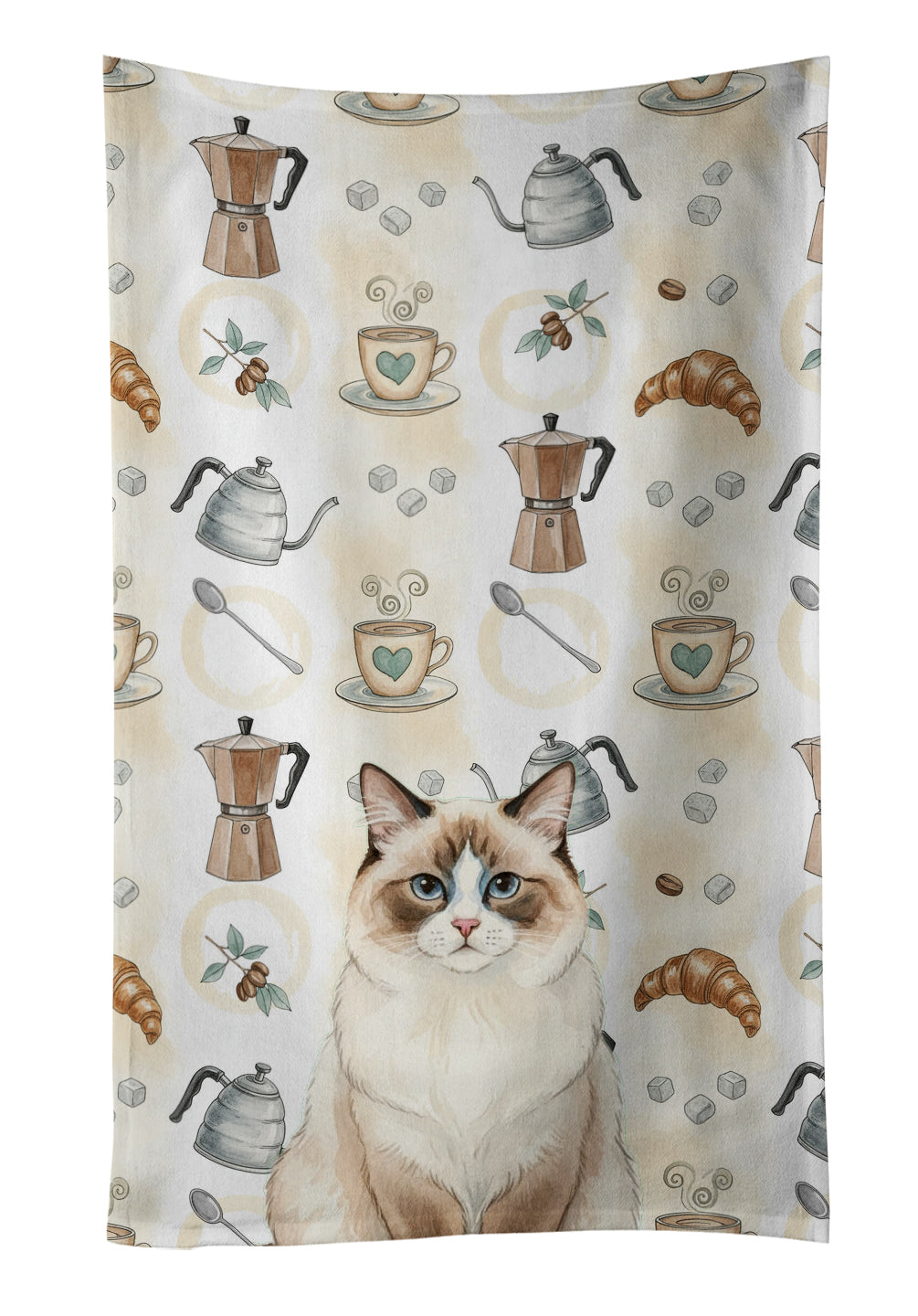 Ragdoll Bicolor Cat Coffee Time Kitchen Towel Velour Plush Front and Cotton Loop Back Machine Washable