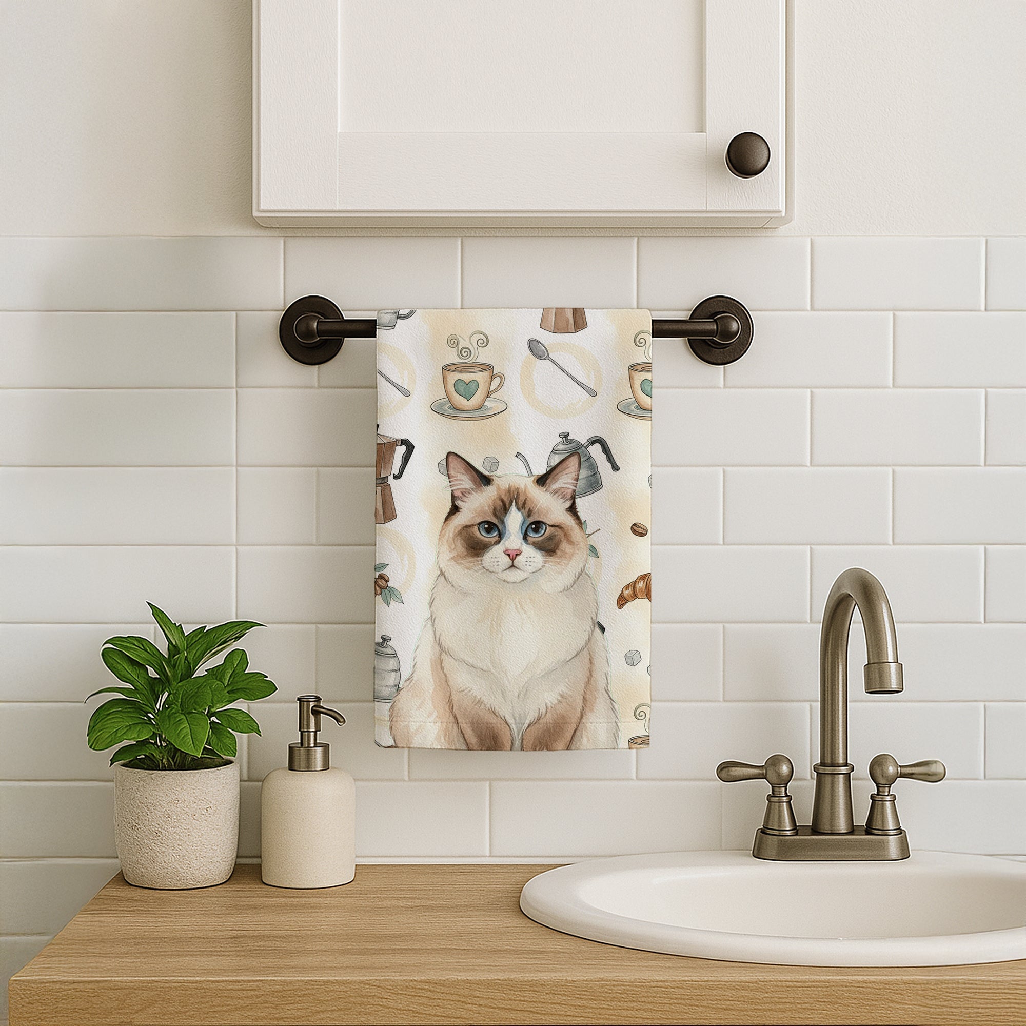 Ragdoll Bicolor Cat Coffee Time Kitchen Towel Velour Plush Front and Cotton Loop Back Machine Washable