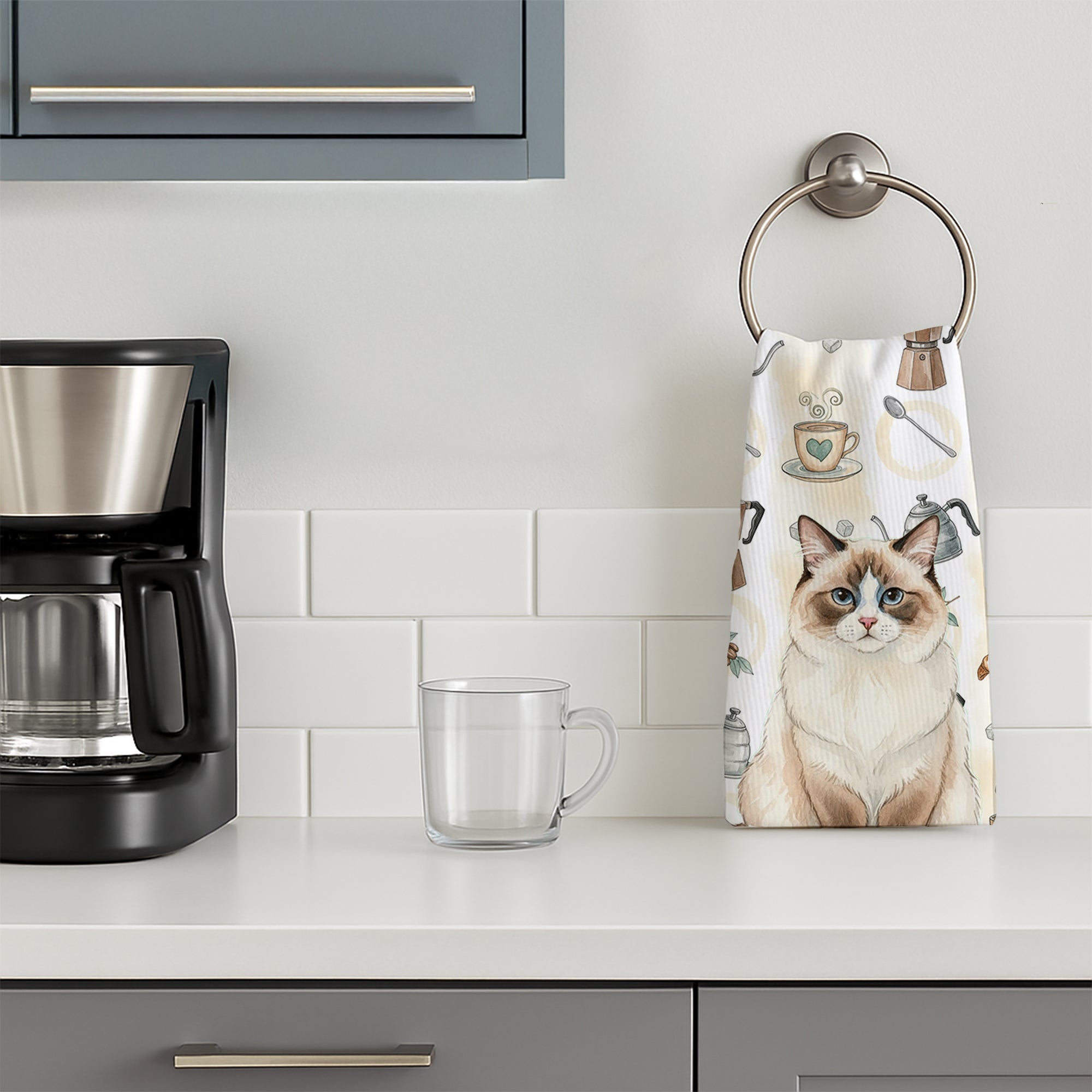 Ragdoll Bicolor Cat Coffee Time Kitchen Towel Velour Plush Front and Cotton Loop Back Machine Washable