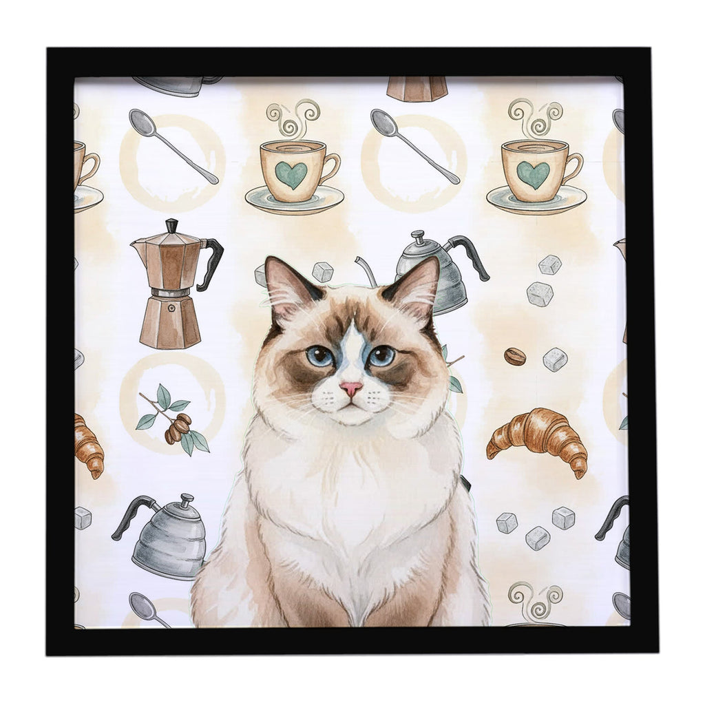 Ragdoll Bicolor Cat Coffee Time Framed Metal Print Bathroom, Kitchen, Office, Home Decor Wall Art Ready to Hang, Square, 8X8