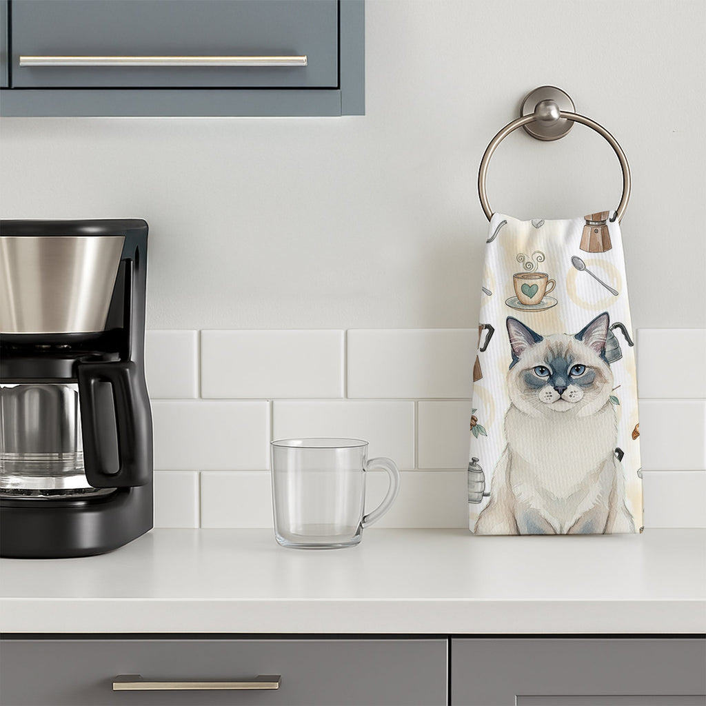 Ragdoll Blue Point Cat Coffee Time Kitchen Towel Velour Plush Front and Cotton Loop Back Machine Washable