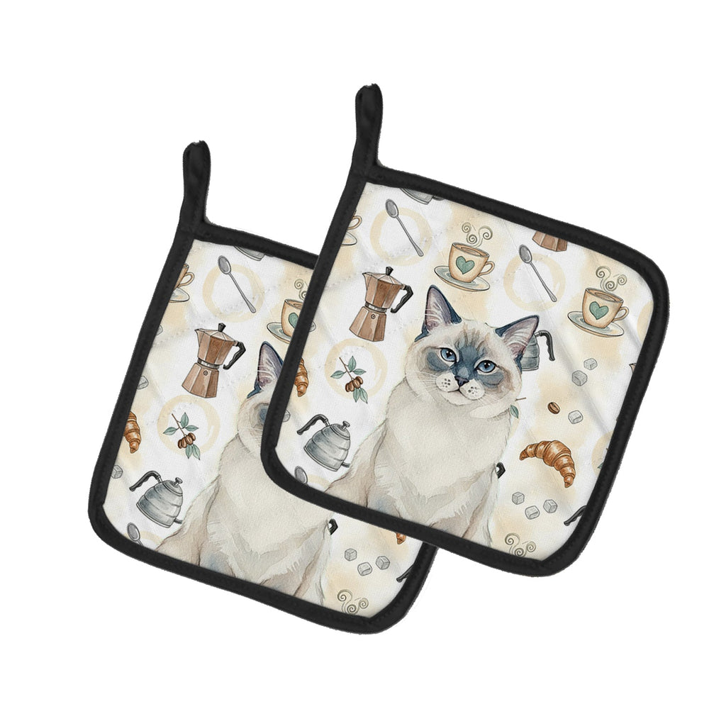 Ragdoll Blue Point Cat Coffee Time Pot Holder Set of 2 Heat Resistant Quilted Hot Pads 7.5 x 7.5 Inch, Insulated Kitchen Trivets for Cooking & Baking