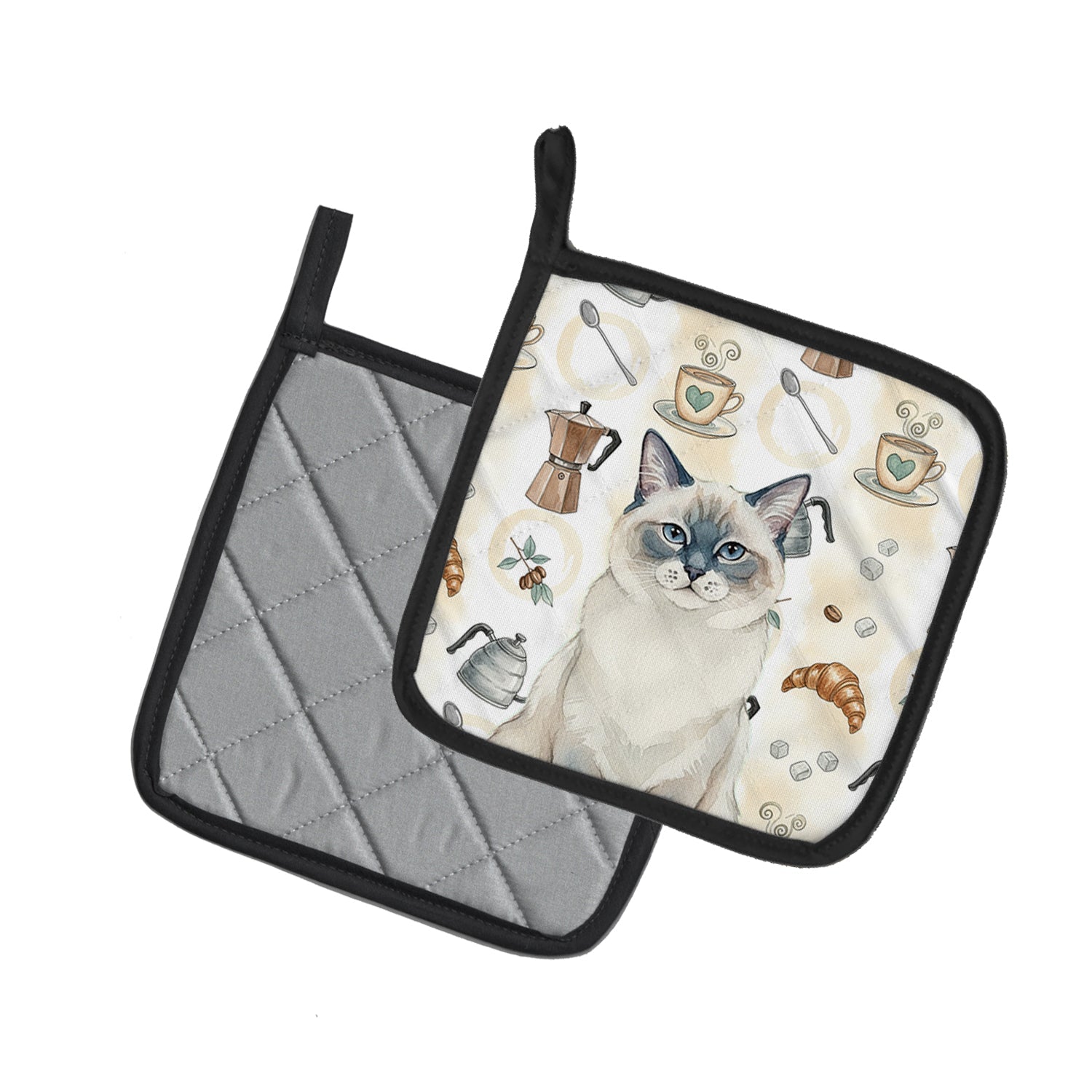 Ragdoll Blue Point Cat Coffee Time Pot Holder Set of 2 Heat Resistant Quilted Hot Pads 7.5 x 7.5 Inch, Insulated Kitchen Trivets for Cooking & Baking