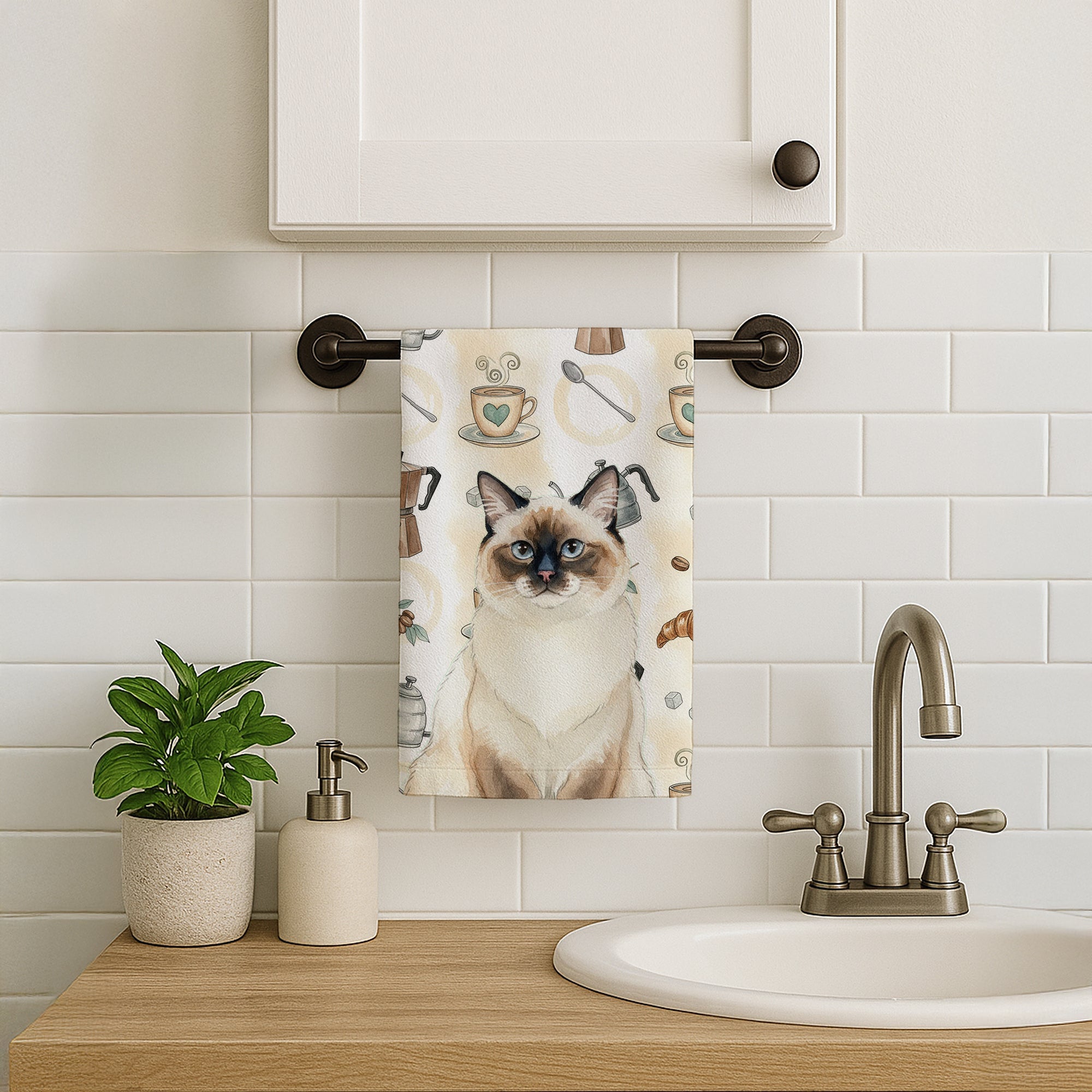Ragdoll Seal Point Cat Coffee Time Kitchen Towel Velour Plush Front and Cotton Loop Back Machine Washable