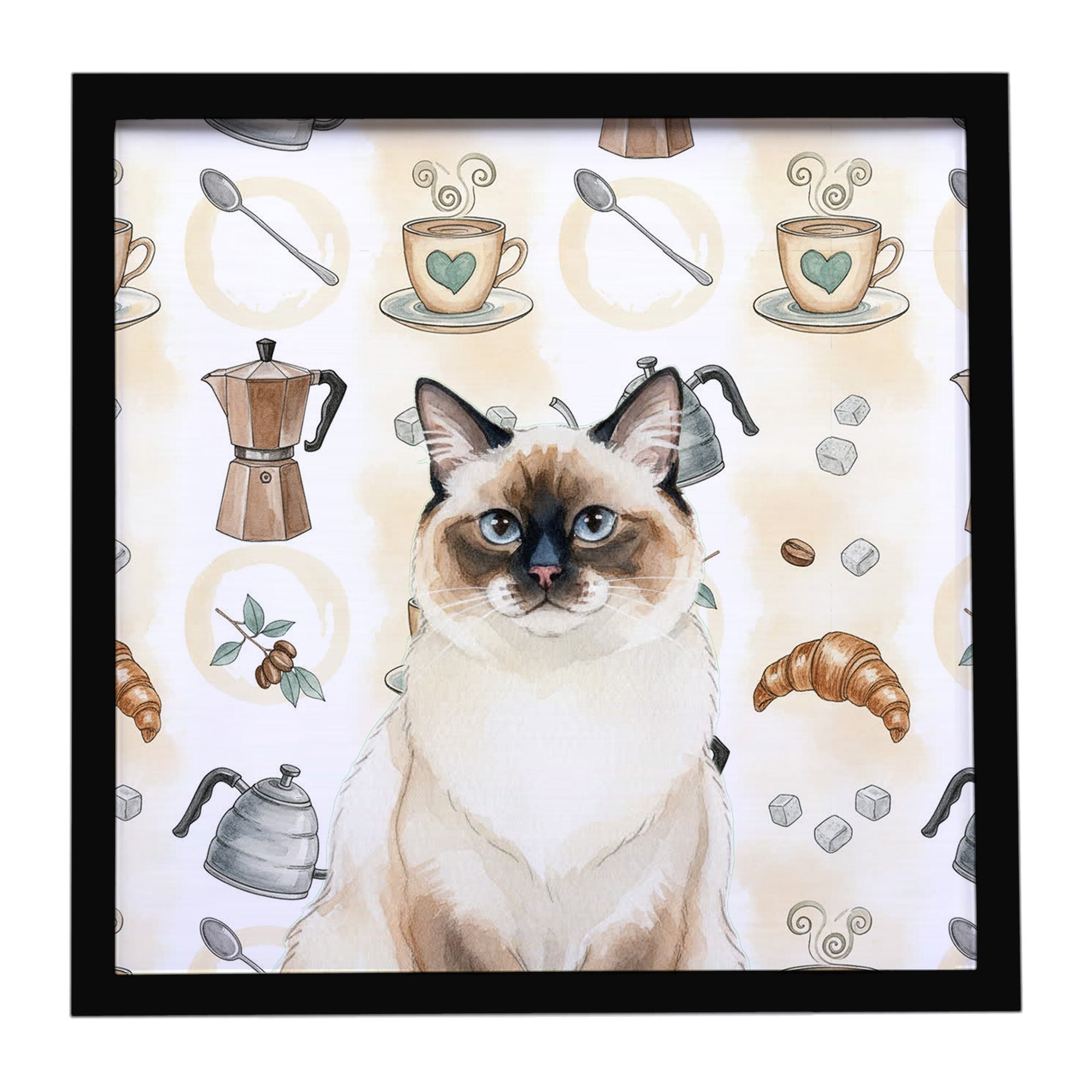 Ragdoll Seal Point Cat Coffee Time Framed Metal Print Bathroom, Kitchen, Office, Home Decor Wall Art Ready to Hang, Square, 8X8
