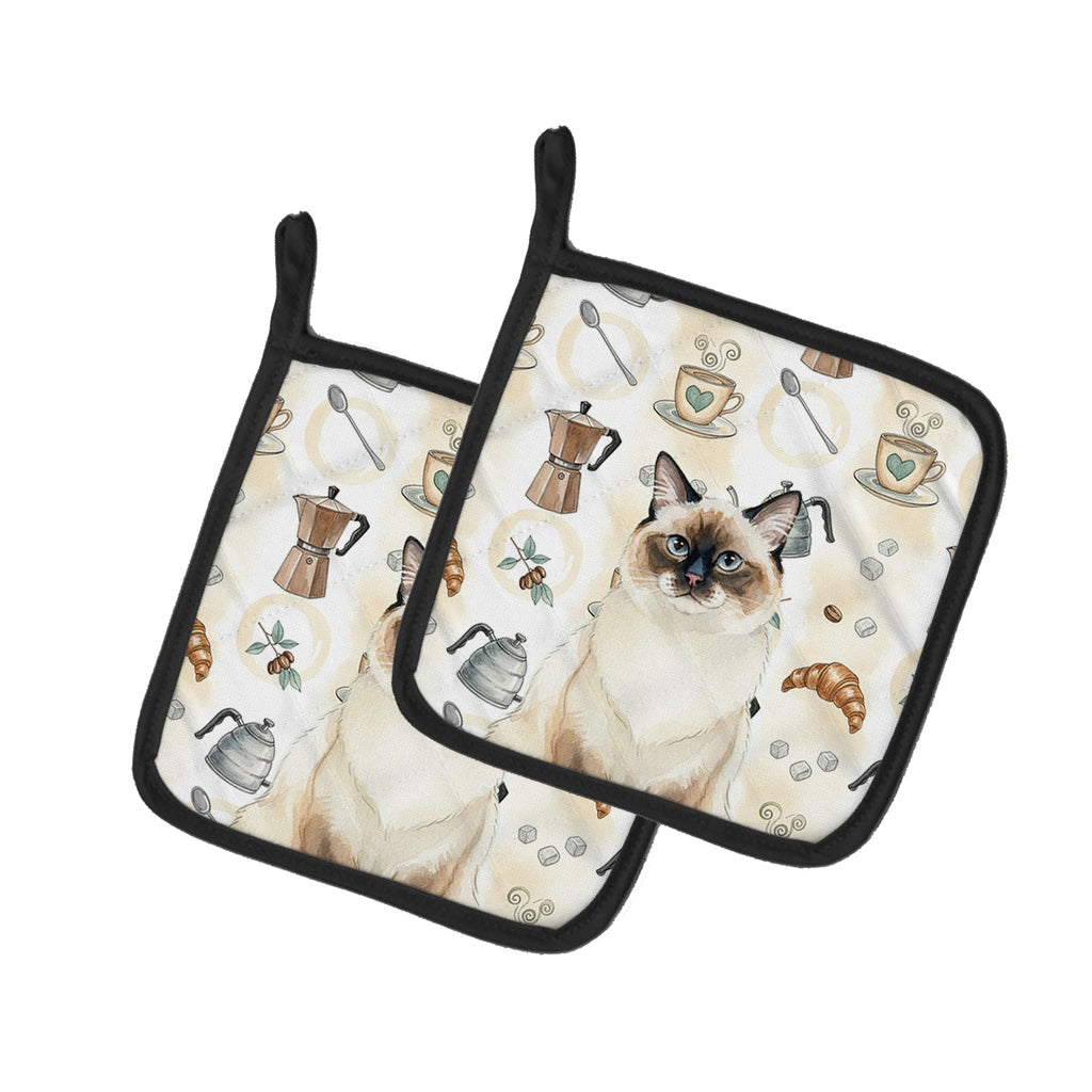 Ragdoll Seal Point Cat Coffee Time Pot Holder Set of 2 Heat Resistant Quilted Hot Pads 7.5 x 7.5 Inch, Insulated Kitchen Trivets for Cooking & Baking