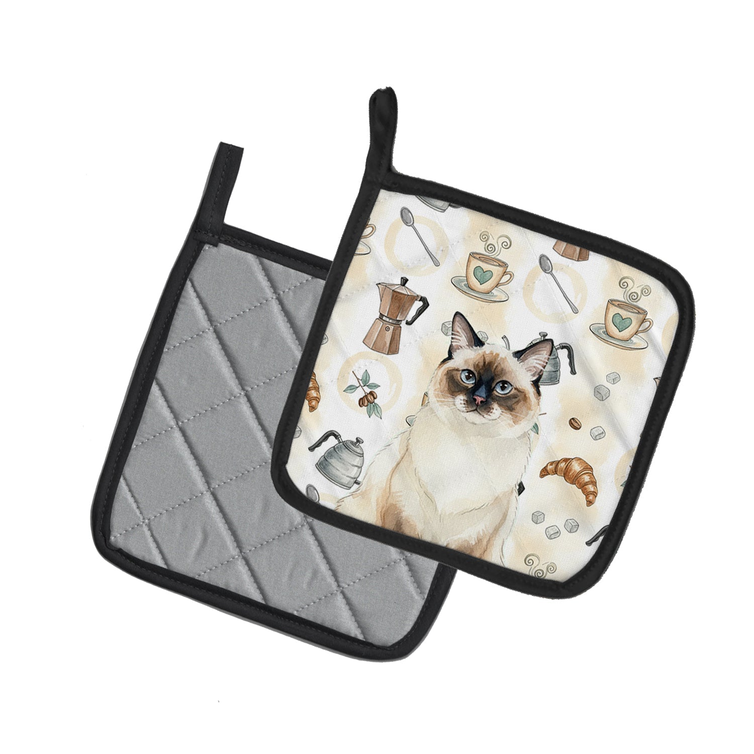 Ragdoll Seal Point Cat Coffee Time Pot Holder Set of 2 Heat Resistant Quilted Hot Pads 7.5 x 7.5 Inch, Insulated Kitchen Trivets for Cooking & Baking