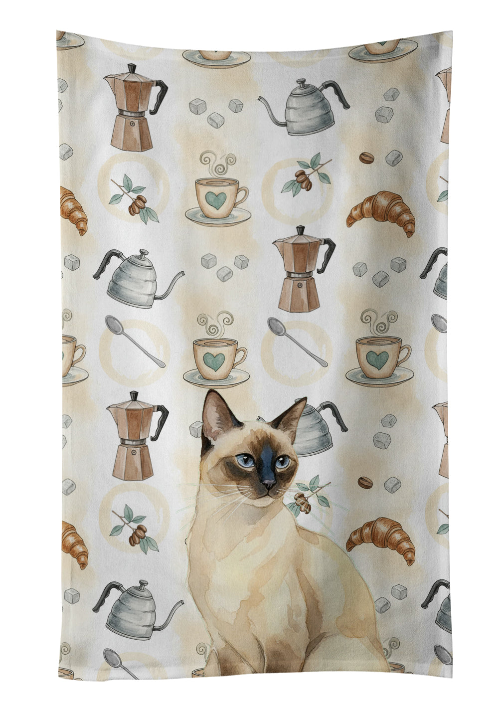 Seal Point Cat Coffee Time Kitchen Towel Velour Plush Front and Cotton Loop Back Machine Washable