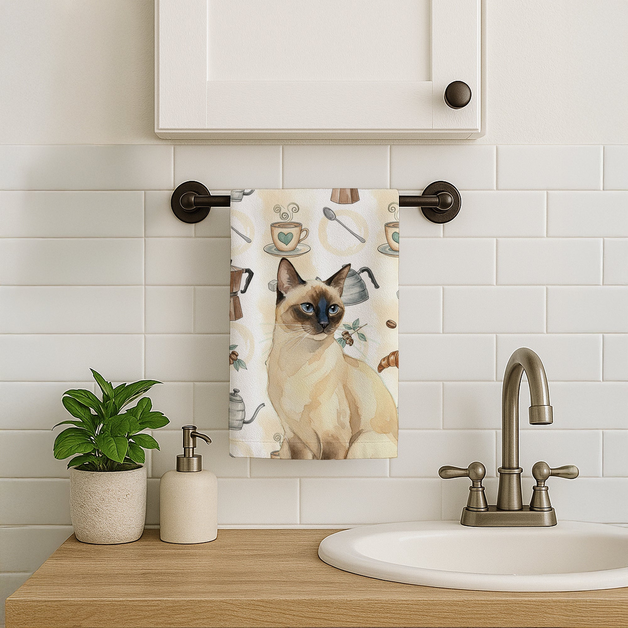 Seal Point Cat Coffee Time Kitchen Towel Velour Plush Front and Cotton Loop Back Machine Washable
