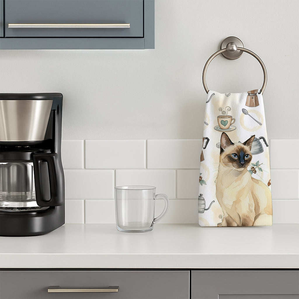 Seal Point Cat Coffee Time Kitchen Towel Velour Plush Front and Cotton Loop Back Machine Washable
