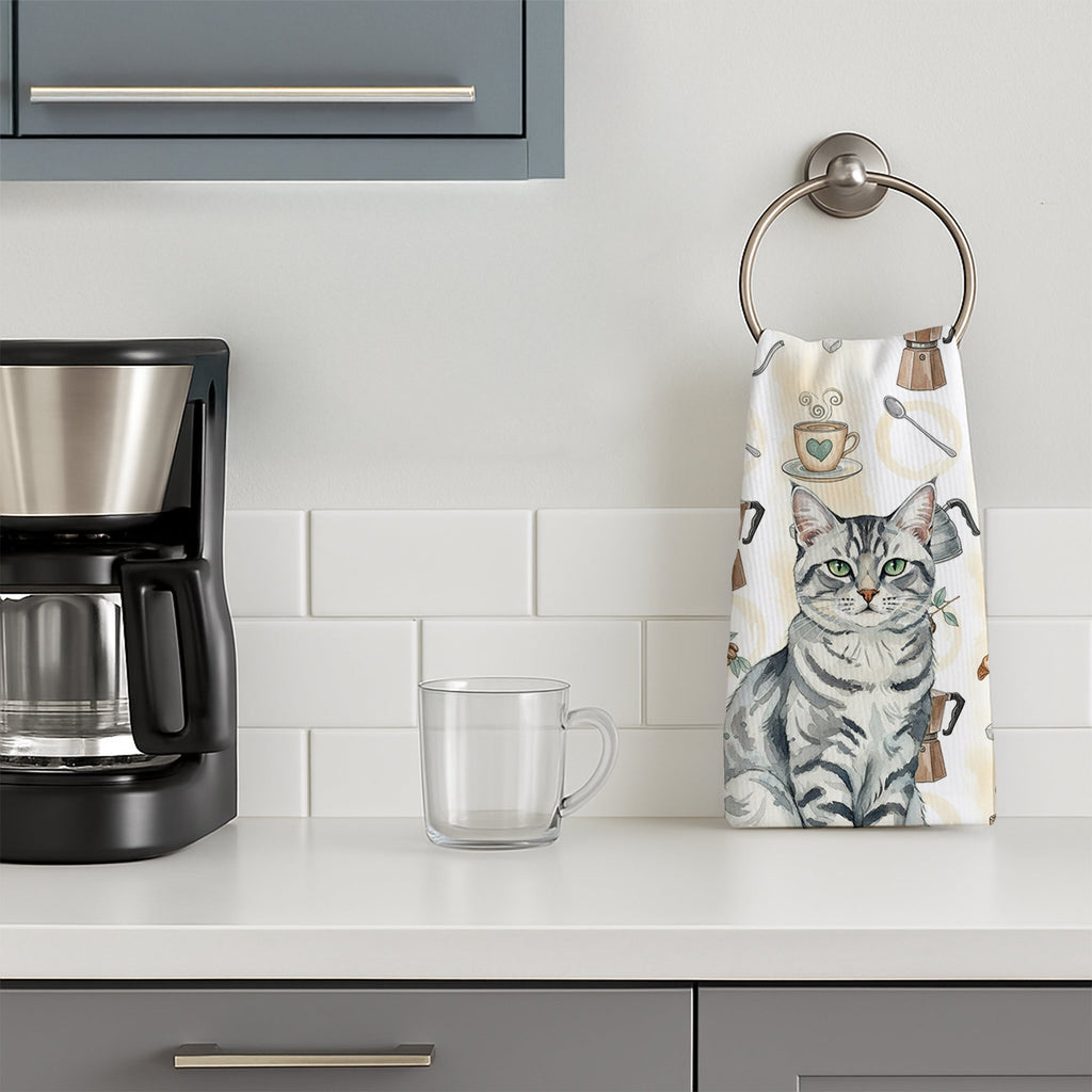 Silver Classic Tabby Cat Coffee Time Kitchen Towel Velour Plush Front and Cotton Loop Back Machine Washable