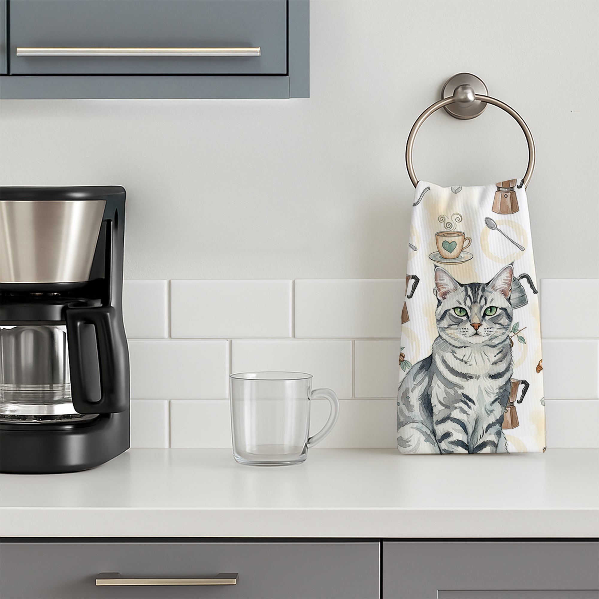 Silver Classic Tabby Cat Coffee Time Kitchen Towel Velour Plush Front and Cotton Loop Back Machine Washable