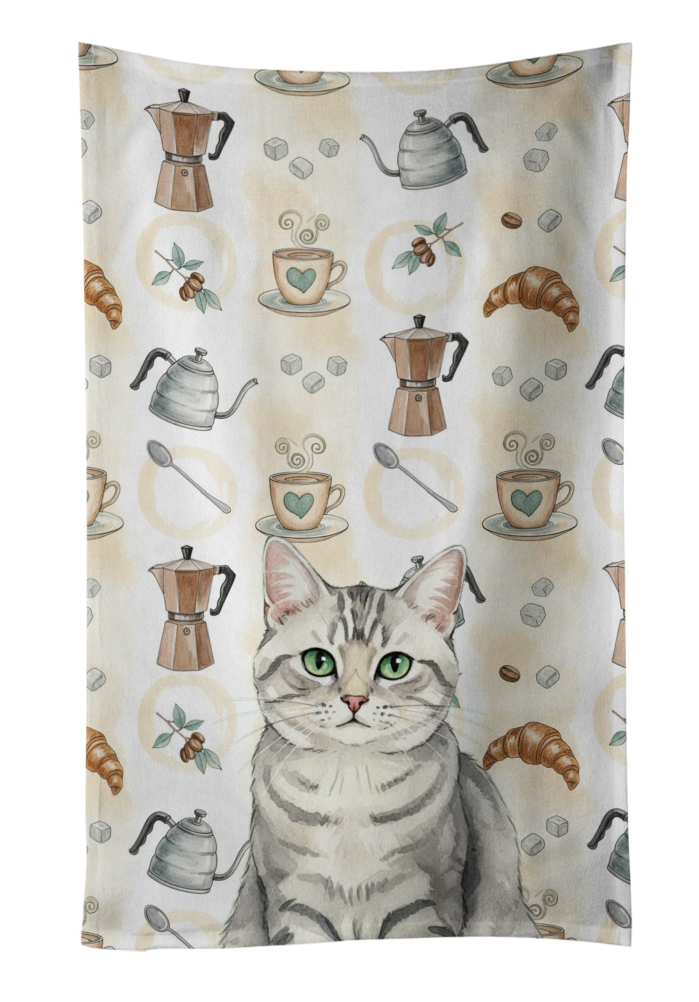 Silver Mackerel Tabby Cat Coffee Time Kitchen Towel Velour Plush Front and Cotton Loop Back Machine Washable