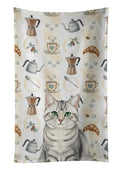 Silver Mackerel Tabby Cat Coffee Time Kitchen Towel Velour Plush Front and Cotton Loop Back Machine Washable