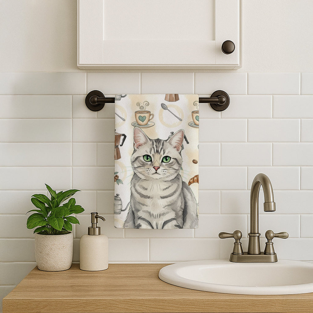 Silver Mackerel Tabby Cat Coffee Time Kitchen Towel Velour Plush Front and Cotton Loop Back Machine Washable