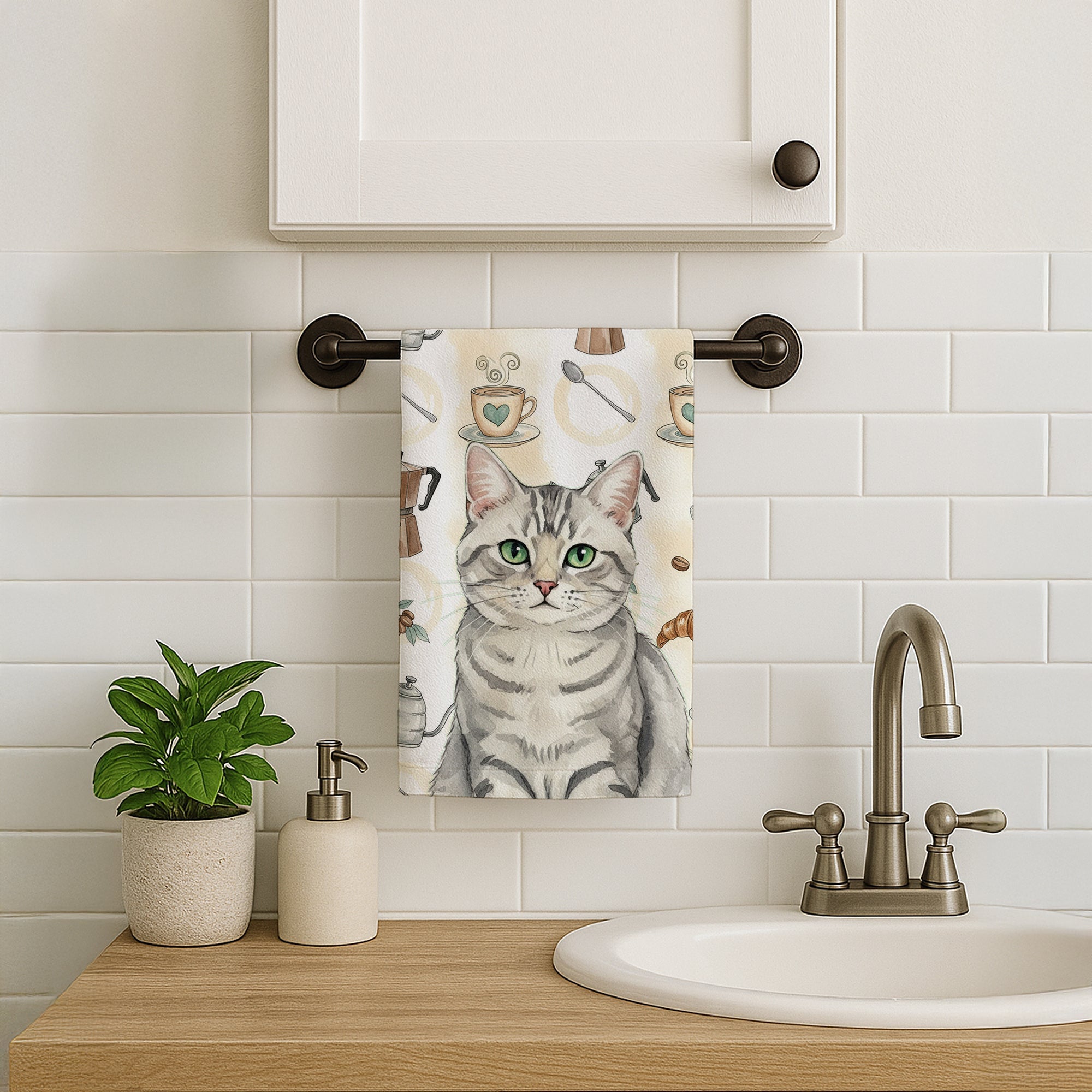 Silver Mackerel Tabby Cat Coffee Time Kitchen Towel Velour Plush Front and Cotton Loop Back Machine Washable