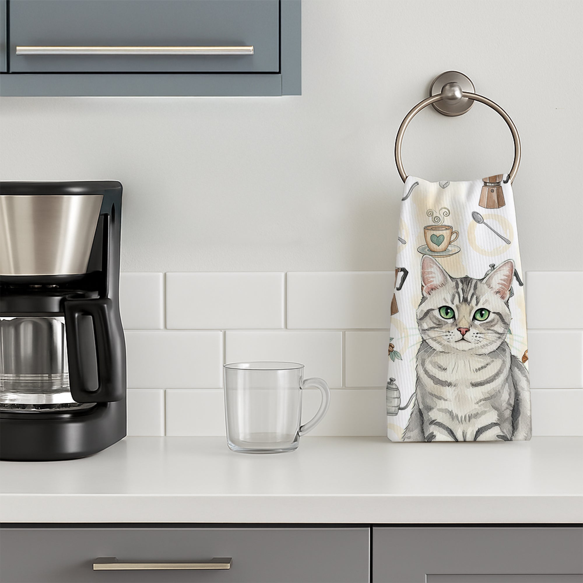 Silver Mackerel Tabby Cat Coffee Time Kitchen Towel Velour Plush Front and Cotton Loop Back Machine Washable
