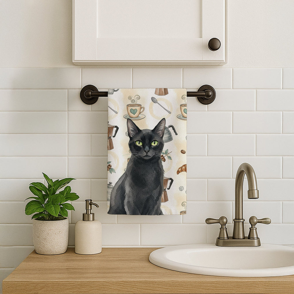 Solid Black Cat Coffee Time Kitchen Towel Velour Plush Front and Cotton Loop Back Machine Washable