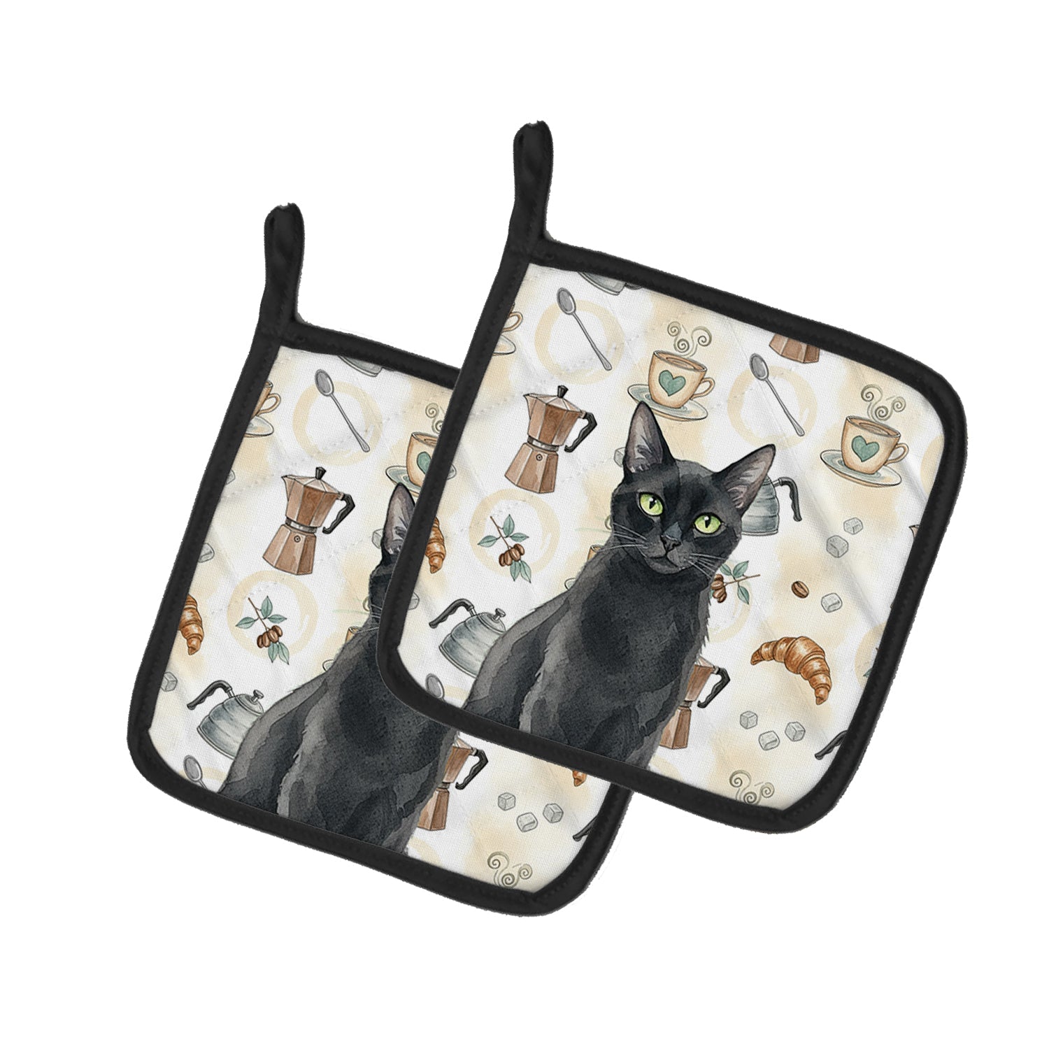 Solid Black Cat Coffee Time Pot Holder Set of 2 Heat Resistant Quilted Hot Pads 7.5 x 7.5 Inch, Insulated Kitchen Trivets for Cooking & Baking