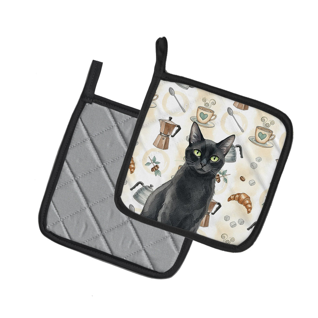 Solid Black Cat Coffee Time Pot Holder Set of 2 Heat Resistant Quilted Hot Pads 7.5 x 7.5 Inch, Insulated Kitchen Trivets for Cooking & Baking