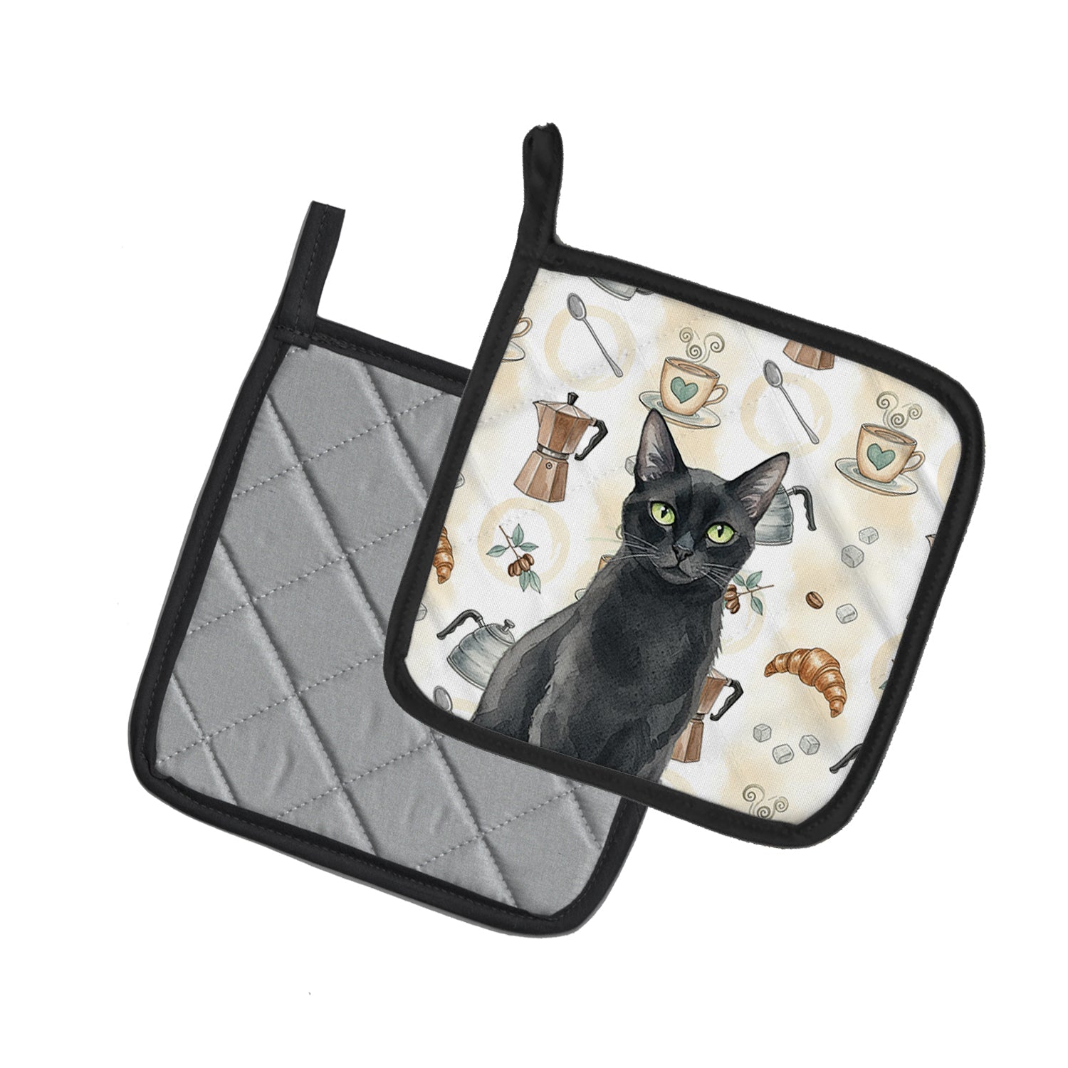 Solid Black Cat Coffee Time Pot Holder Set of 2 Heat Resistant Quilted Hot Pads 7.5 x 7.5 Inch, Insulated Kitchen Trivets for Cooking & Baking