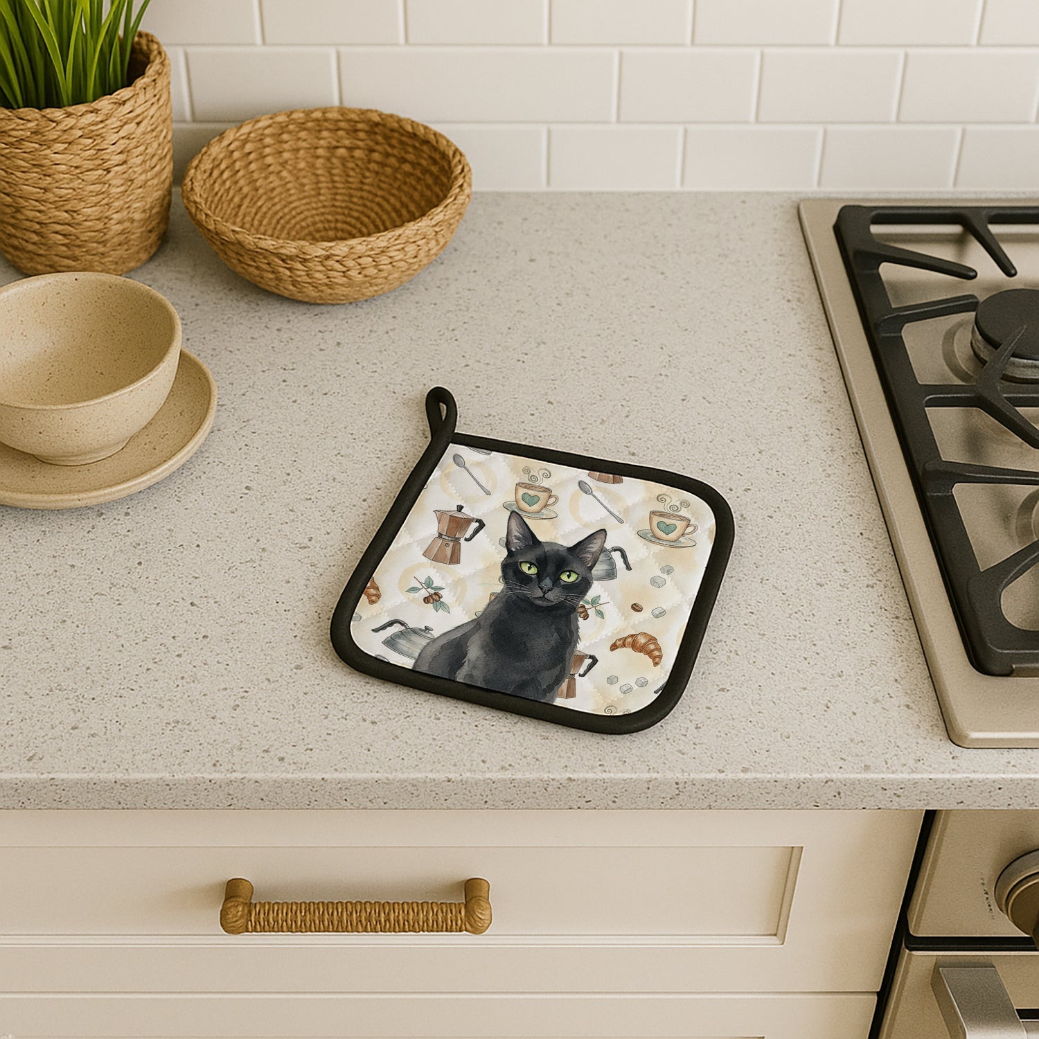 Solid Black Cat Coffee Time Pot Holder Set of 2 Heat Resistant Quilted Hot Pads 7.5 x 7.5 Inch, Insulated Kitchen Trivets for Cooking & Baking