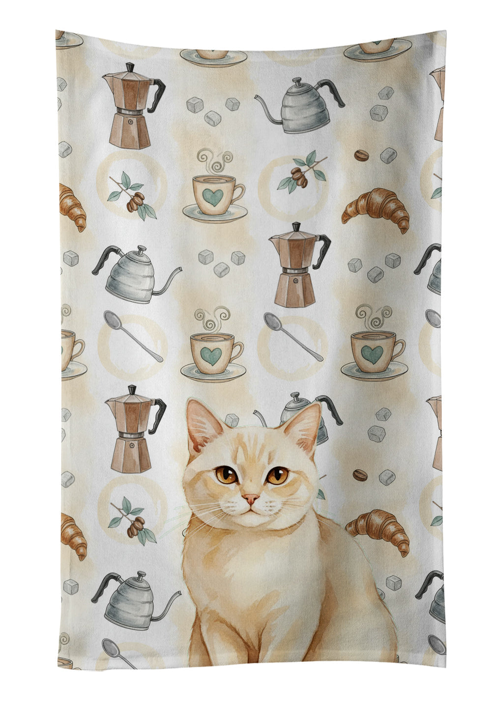 Solid Cream Cat Coffee Time Kitchen Towel Velour Plush Front and Cotton Loop Back Machine Washable