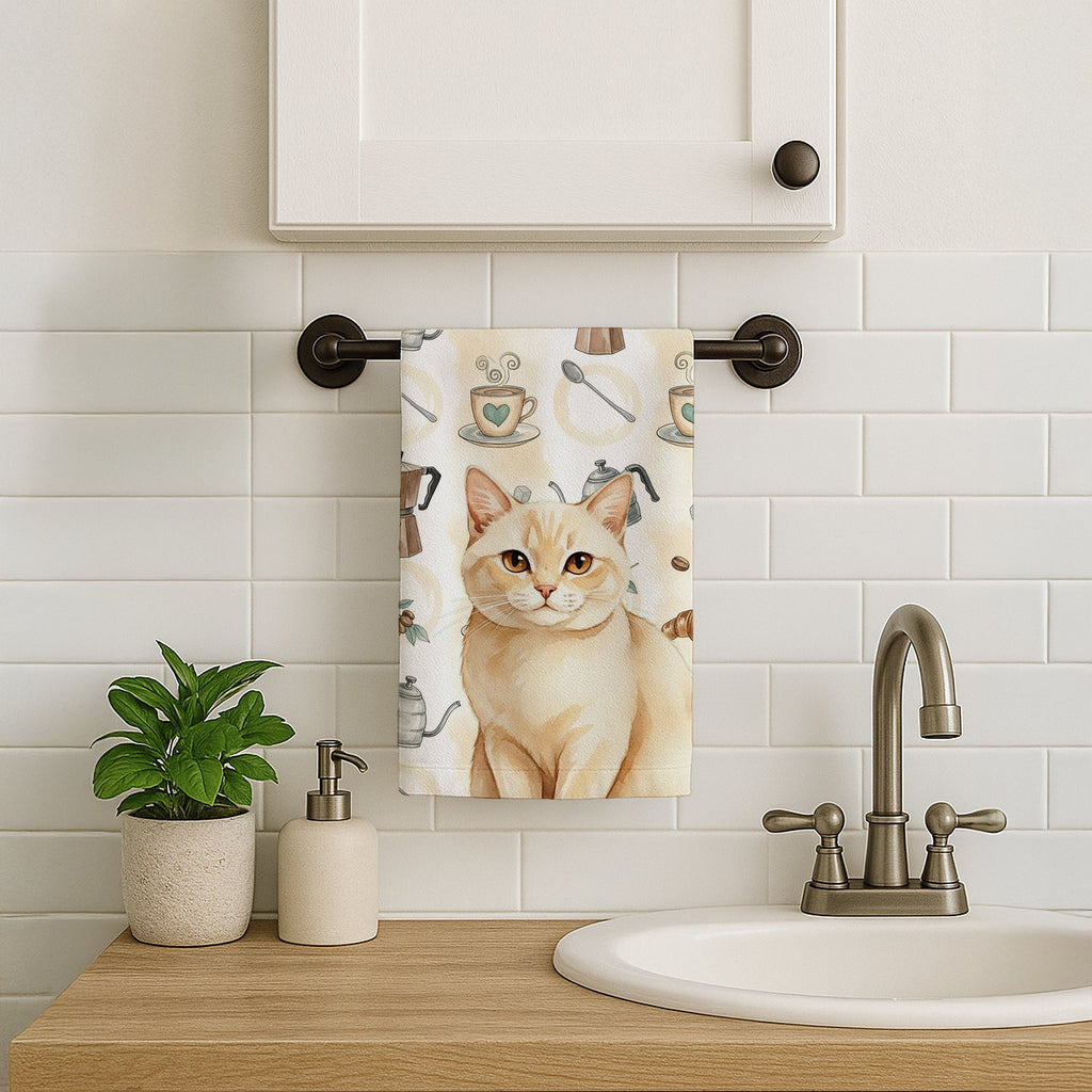 Solid Cream Cat Coffee Time Kitchen Towel Velour Plush Front and Cotton Loop Back Machine Washable