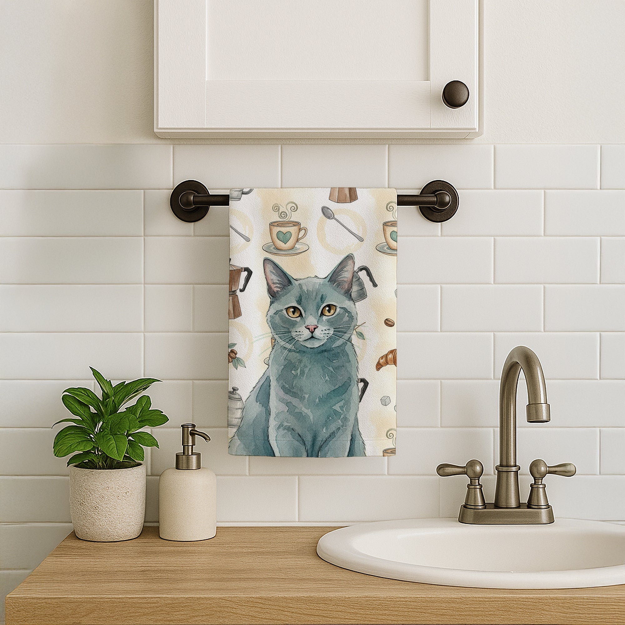 Solid Gray Cat Coffee Time Kitchen Towel Velour Plush Front and Cotton Loop Back Machine Washable