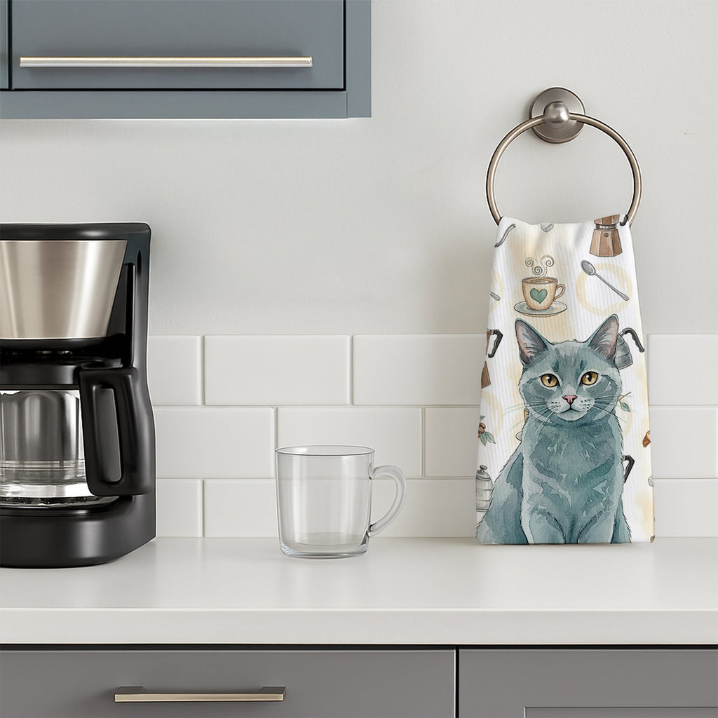 Solid Gray Cat Coffee Time Kitchen Towel Velour Plush Front and Cotton Loop Back Machine Washable