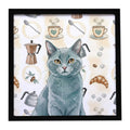 Solid Gray Cat Coffee Time Framed Metal Print Bathroom, Kitchen, Office, Home Decor Wall Art Ready to Hang, Square, 8X8