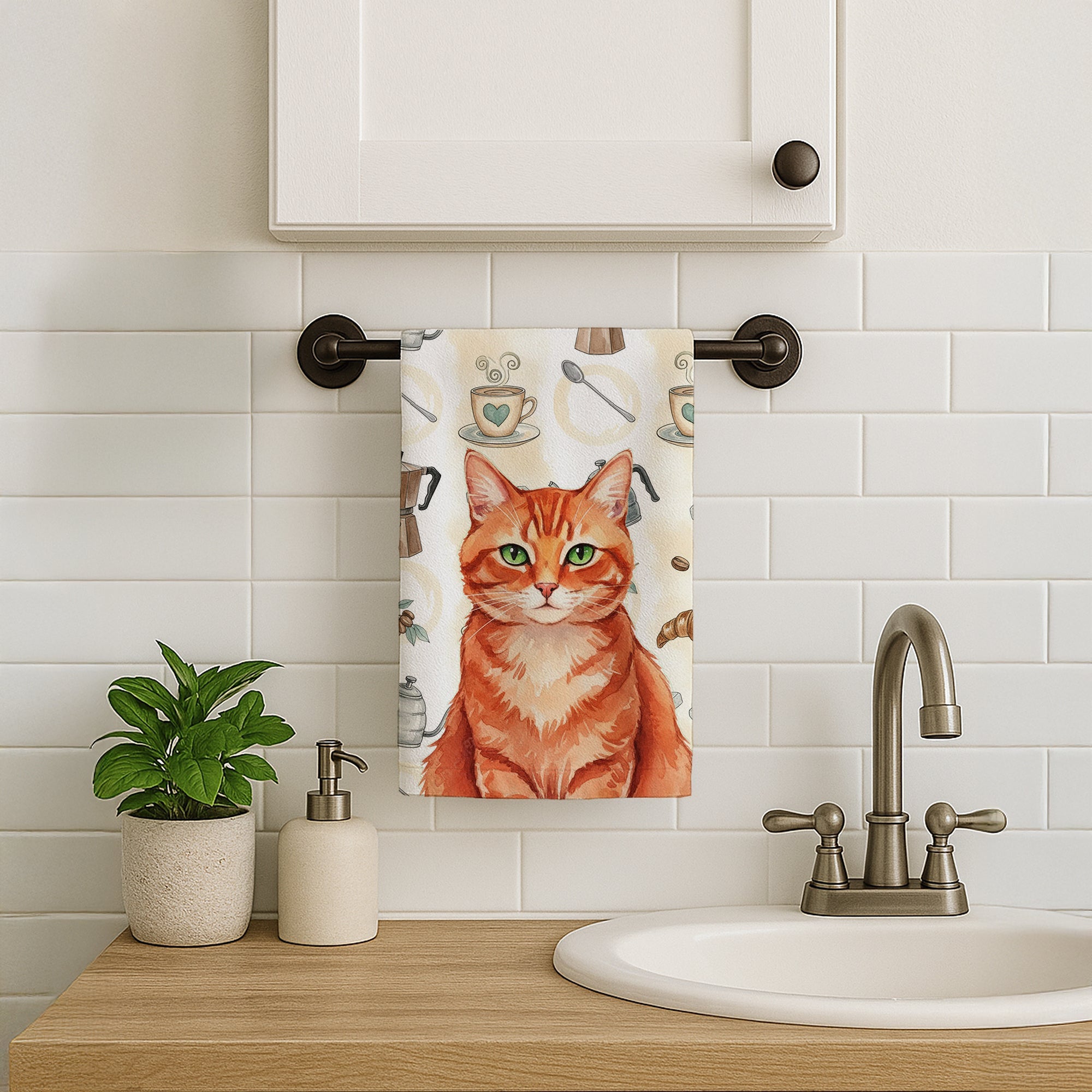 Solid Red Ginger Cat Coffee Time Kitchen Towel Velour Plush Front and Cotton Loop Back Machine Washable