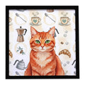 Solid Red Ginger Cat Coffee Time Framed Metal Print Bathroom, Kitchen, Office, Home Decor Wall Art Ready to Hang, Square, 8X8