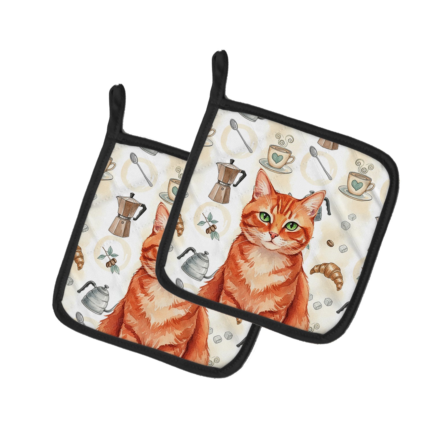 Solid Red Ginger Cat Coffee Time Pot Holder Set of 2 Heat Resistant Quilted Hot Pads 7.5 x 7.5 Inch, Insulated Kitchen Trivets for Cooking & Baking