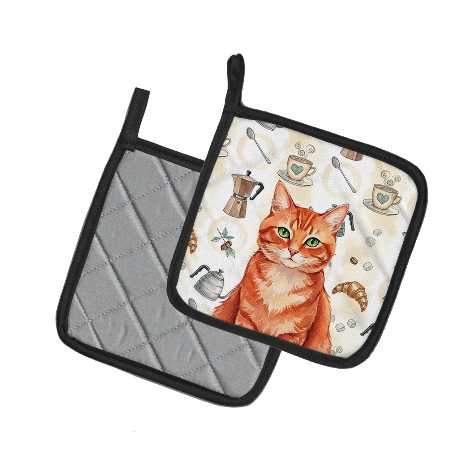 Solid Red Ginger Cat Coffee Time Pot Holder Set of 2 Heat Resistant Quilted Hot Pads 7.5 x 7.5 Inch, Insulated Kitchen Trivets for Cooking & Baking