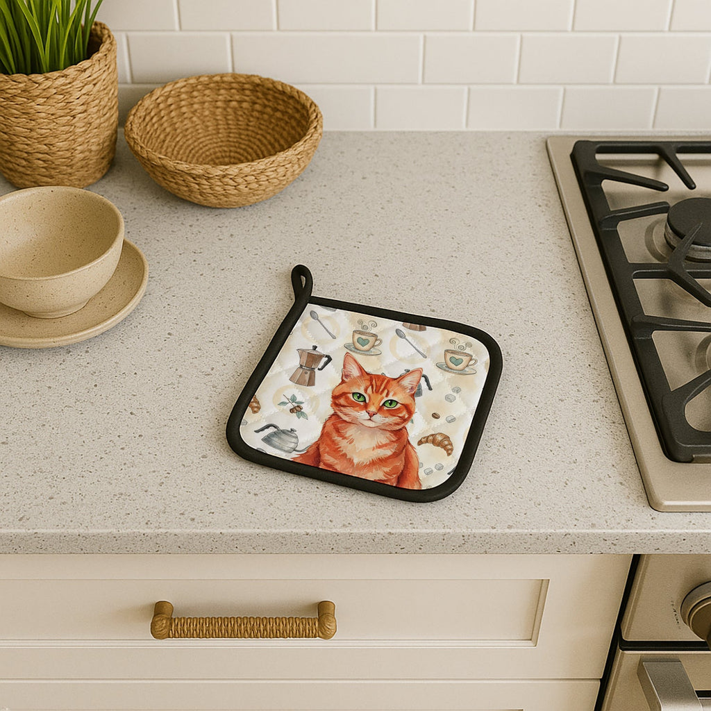 Solid Red Ginger Cat Coffee Time Pot Holder Set of 2 Heat Resistant Quilted Hot Pads 7.5 x 7.5 Inch, Insulated Kitchen Trivets for Cooking & Baking