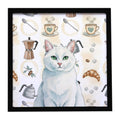 Solid White Cat Coffee Time Framed Metal Print Bathroom, Kitchen, Office, Home Decor Wall Art Ready to Hang, Square, 8X8