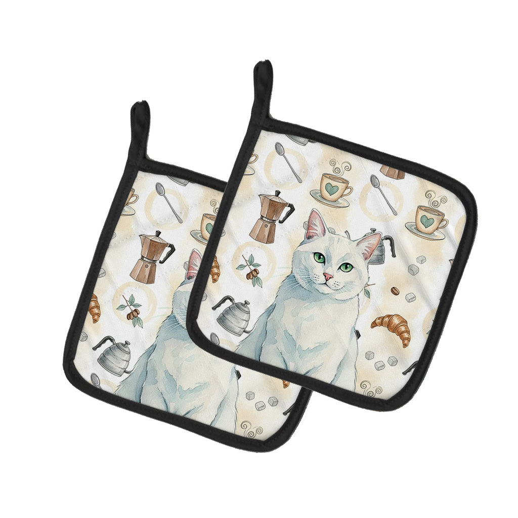 Solid White Cat Coffee Time Pot Holder Set of 2 Heat Resistant Quilted Hot Pads 7.5 x 7.5 Inch, Insulated Kitchen Trivets for Cooking & Baking
