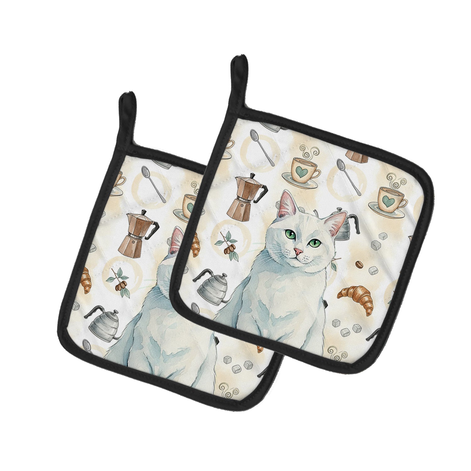 Solid White Cat Coffee Time Pot Holder Set of 2 Heat Resistant Quilted Hot Pads 7.5 x 7.5 Inch, Insulated Kitchen Trivets for Cooking & Baking