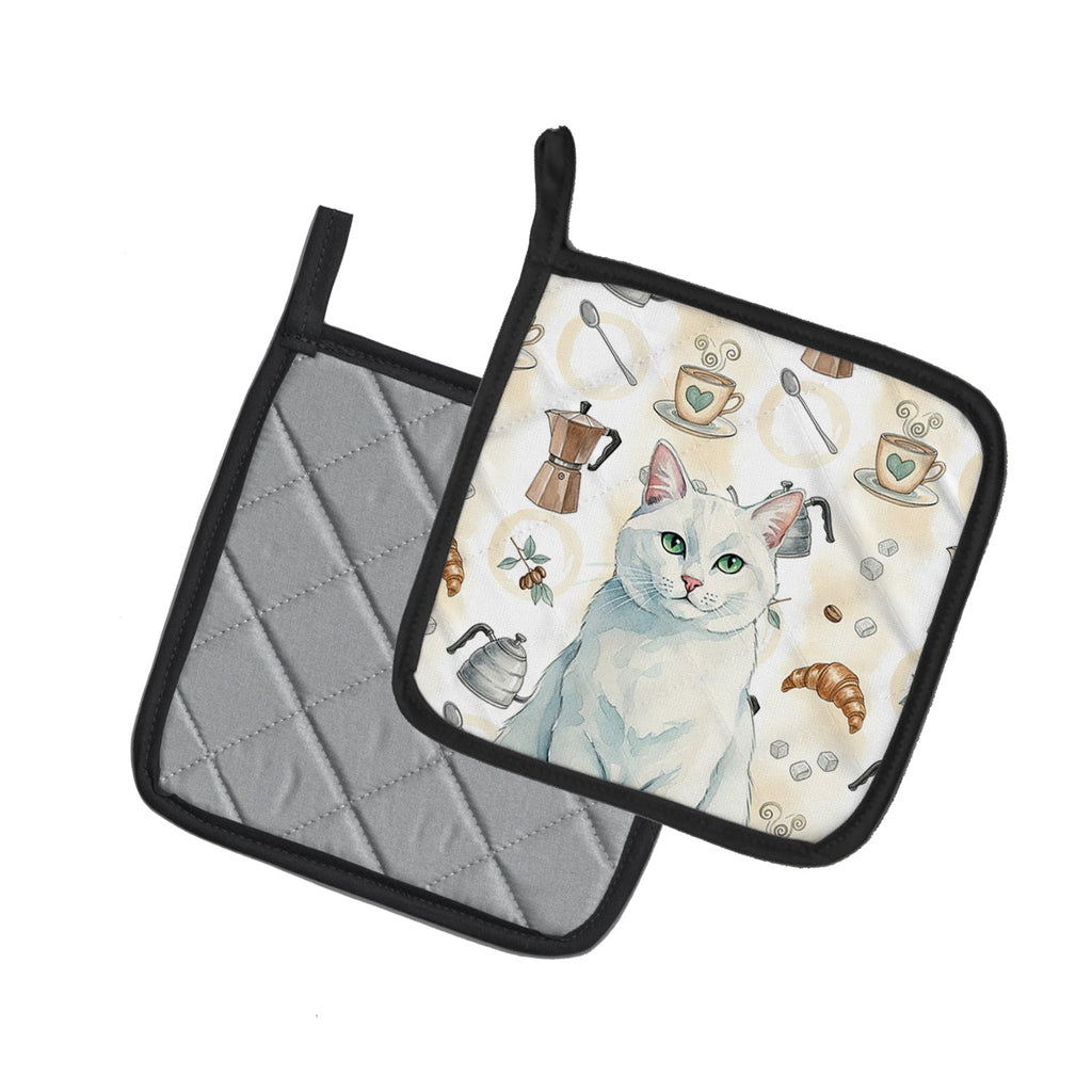 Solid White Cat Coffee Time Pot Holder Set of 2 Heat Resistant Quilted Hot Pads 7.5 x 7.5 Inch, Insulated Kitchen Trivets for Cooking & Baking