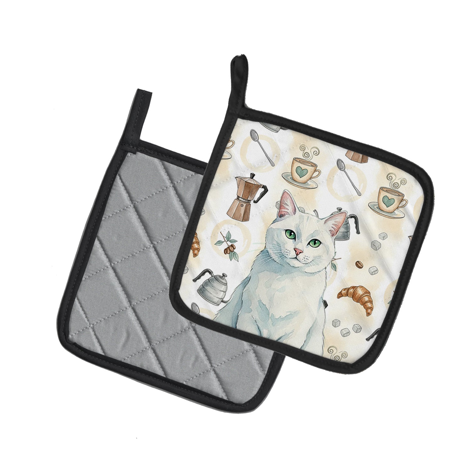 Solid White Cat Coffee Time Pot Holder Set of 2 Heat Resistant Quilted Hot Pads 7.5 x 7.5 Inch, Insulated Kitchen Trivets for Cooking & Baking