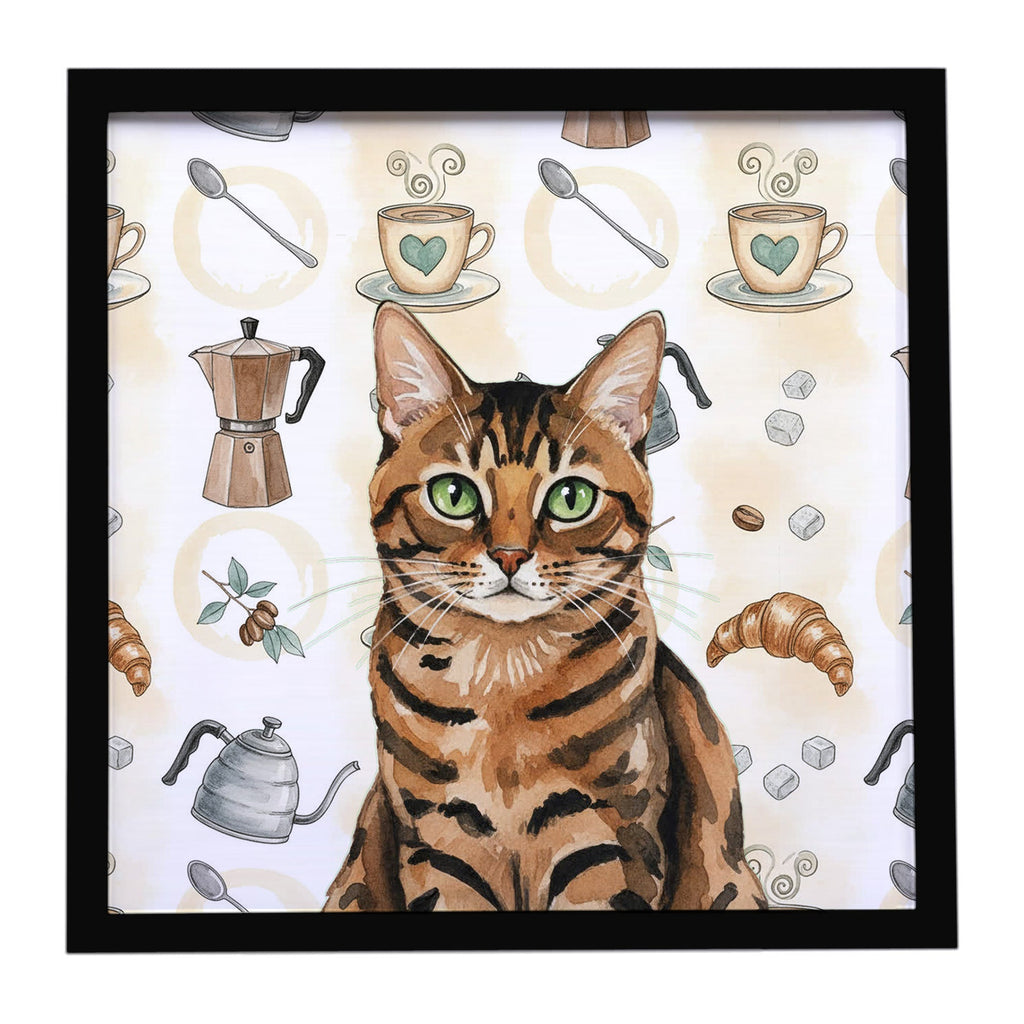 Spotted Tabby Brown Cat Coffee Time Framed Metal Print Bathroom, Kitchen, Office, Home Decor Wall Art Ready to Hang, Square, 8X8