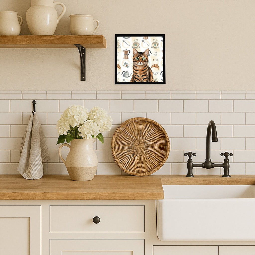 Spotted Tabby Brown Cat Coffee Time Framed Metal Print Bathroom, Kitchen, Office, Home Decor Wall Art Ready to Hang, Square, 8X8