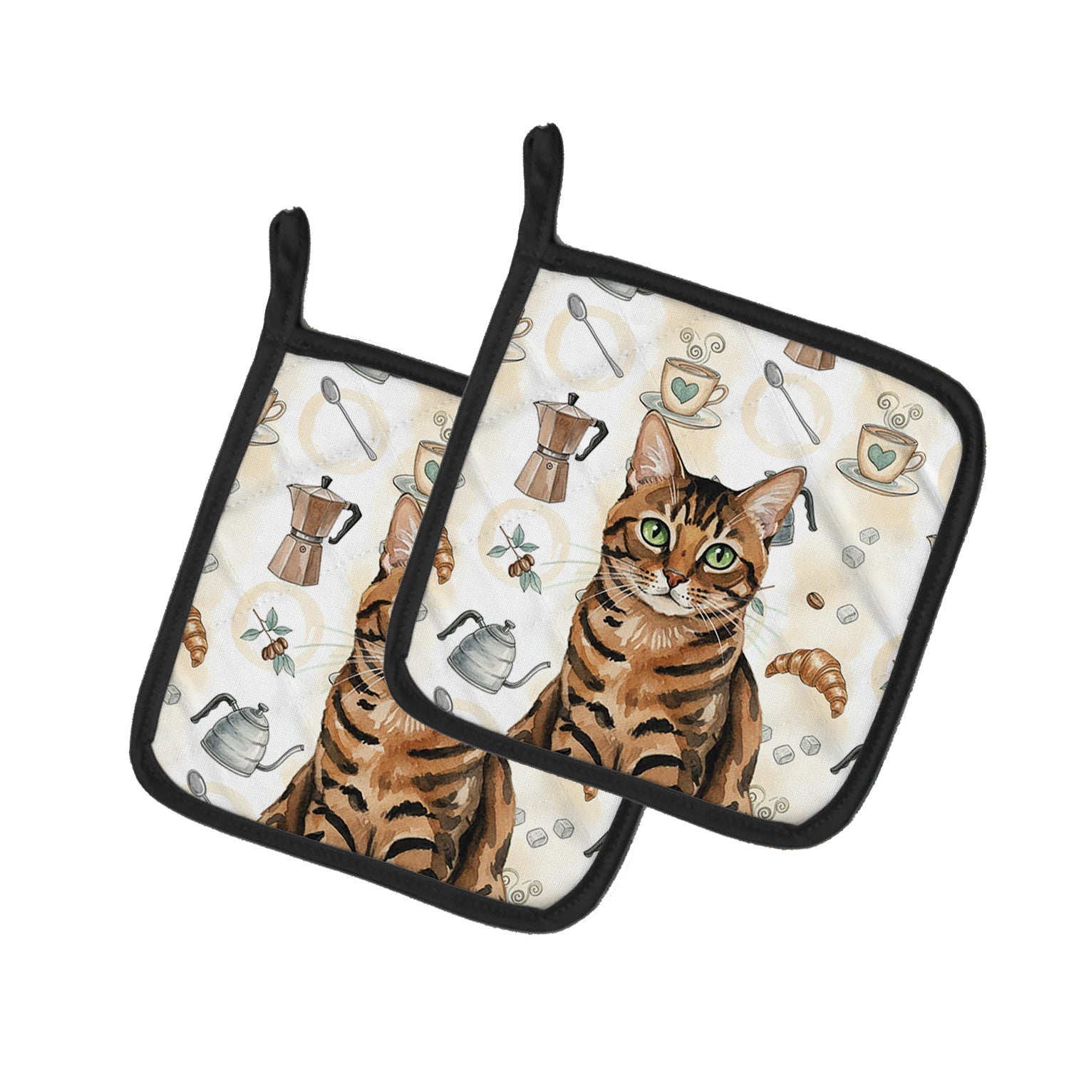 Spotted Tabby Brown Cat Coffee Time Pot Holder Set of 2 Heat Resistant Quilted Hot Pads 7.5 x 7.5 Inch, Insulated Kitchen Trivets for Cooking & Baking