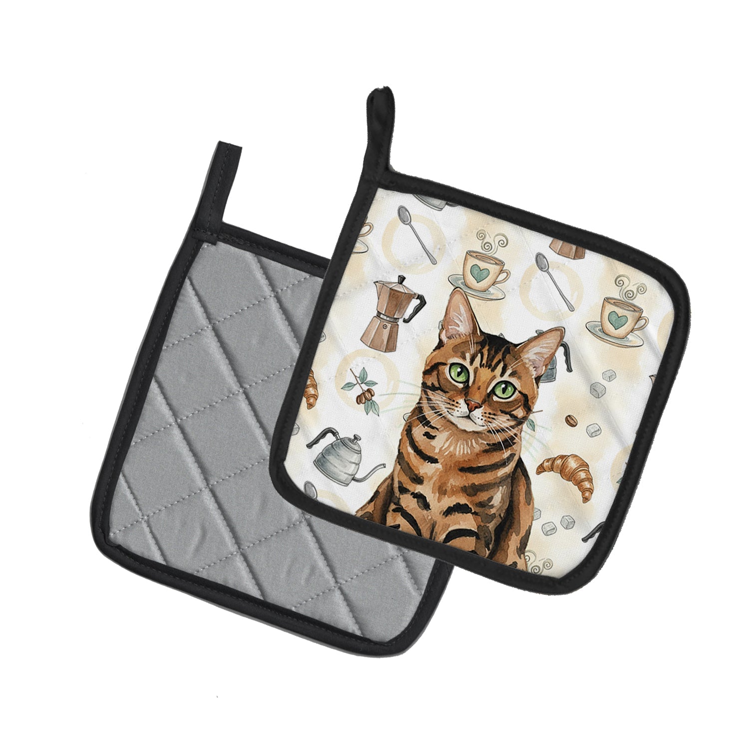 Spotted Tabby Brown Cat Coffee Time Pot Holder Set of 2 Heat Resistant Quilted Hot Pads 7.5 x 7.5 Inch, Insulated Kitchen Trivets for Cooking & Baking