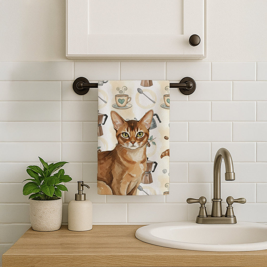 Ticked Tabby Brown Cat Coffee Time Kitchen Towel Velour Plush Front and Cotton Loop Back Machine Washable