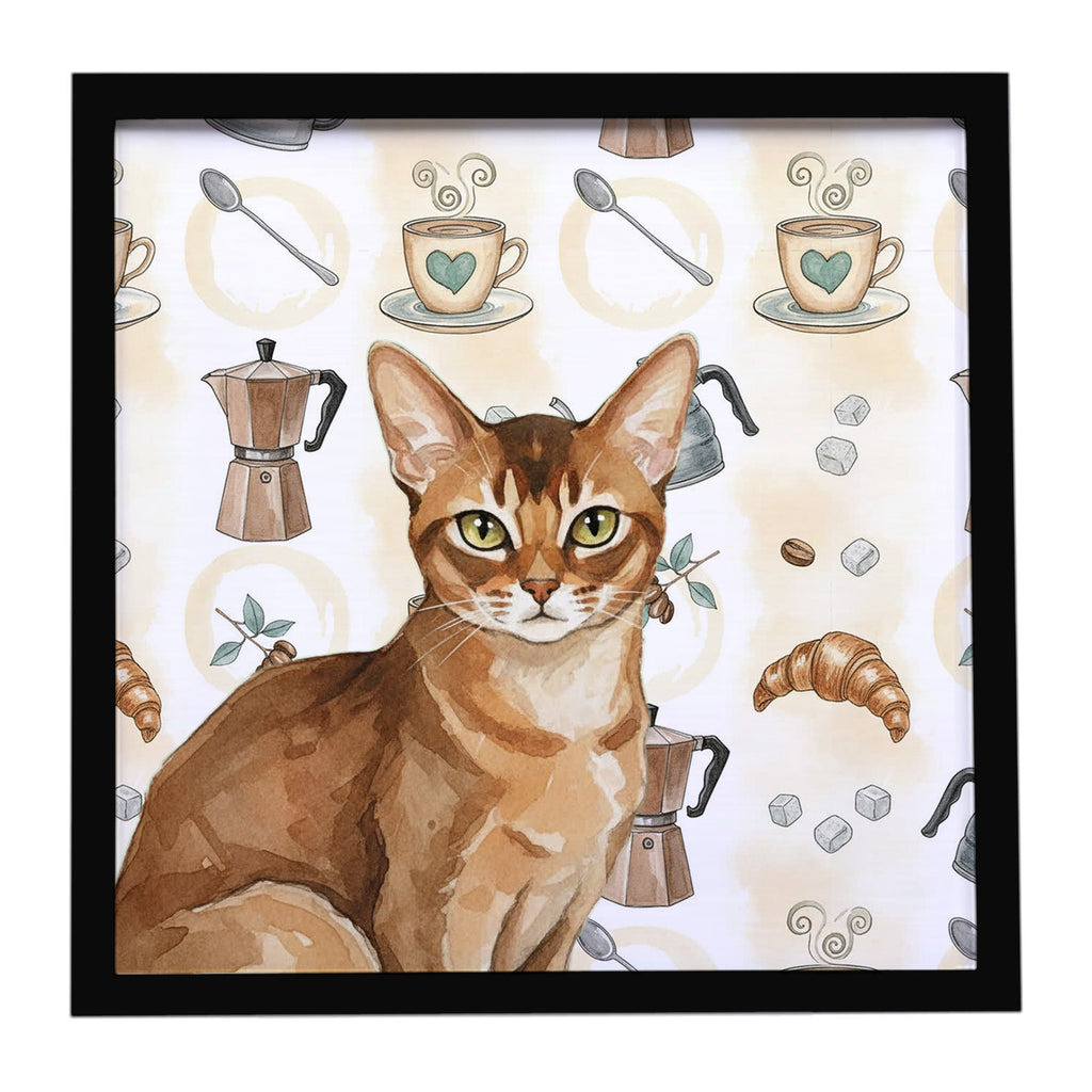 Ticked Tabby Brown Cat Coffee Time Framed Metal Print Bathroom, Kitchen, Office, Home Decor Wall Art Ready to Hang, Square, 8X8