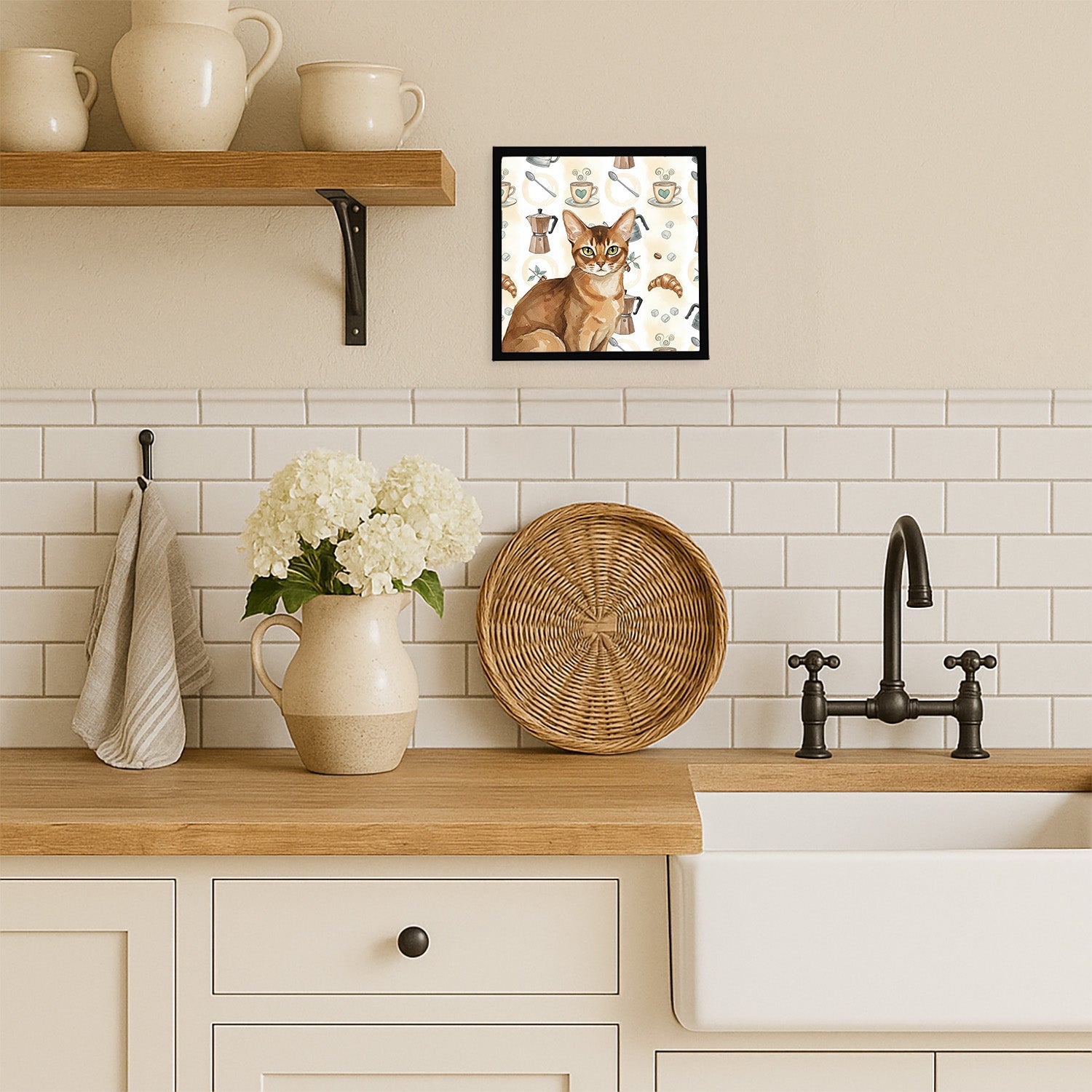 Ticked Tabby Brown Cat Coffee Time Framed Metal Print Bathroom, Kitchen, Office, Home Decor Wall Art Ready to Hang, Square, 8X8