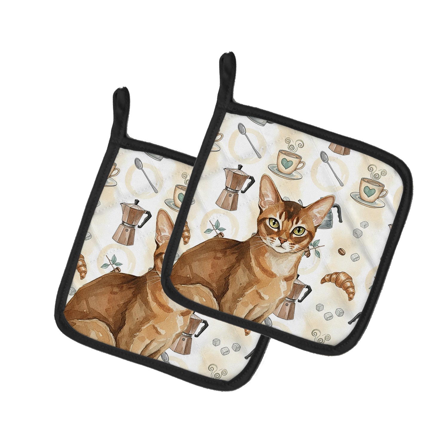 Ticked Tabby Brown Cat Coffee Time Pot Holder Set of 2 Heat Resistant Quilted Hot Pads 7.5 x 7.5 Inch, Insulated Kitchen Trivets for Cooking & Baking